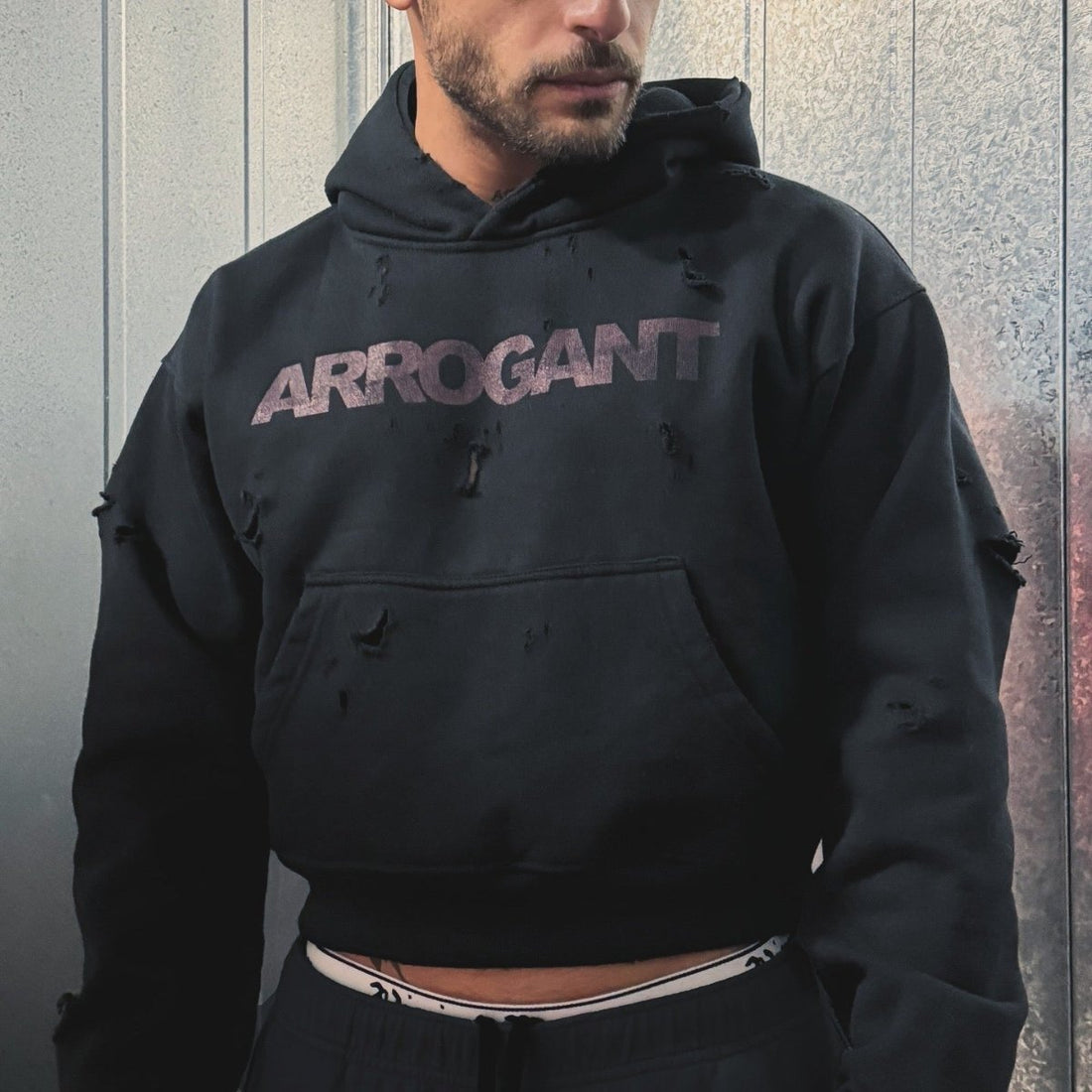 DISTRESSED 'ARROGANT' CROPPED HOODIE