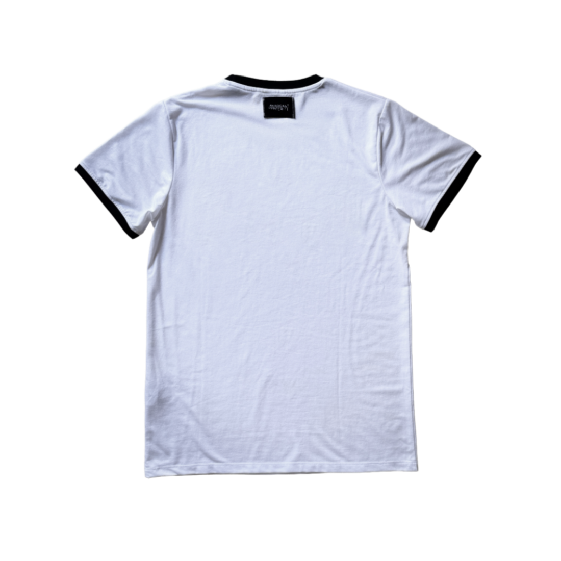 White t-shirt with black trim on a white background