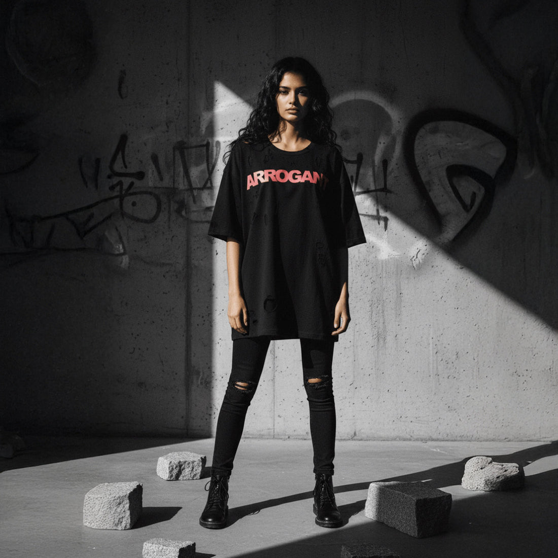 DISTRESSED 'ARROGANT' OVERSIZED  TEE