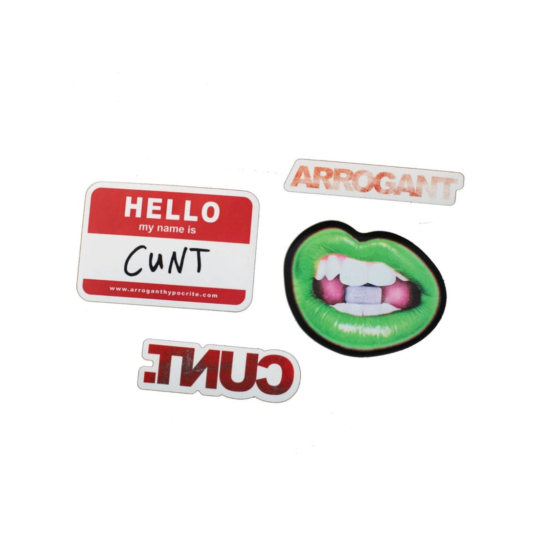 Four stickers with text and graphics on a white background
