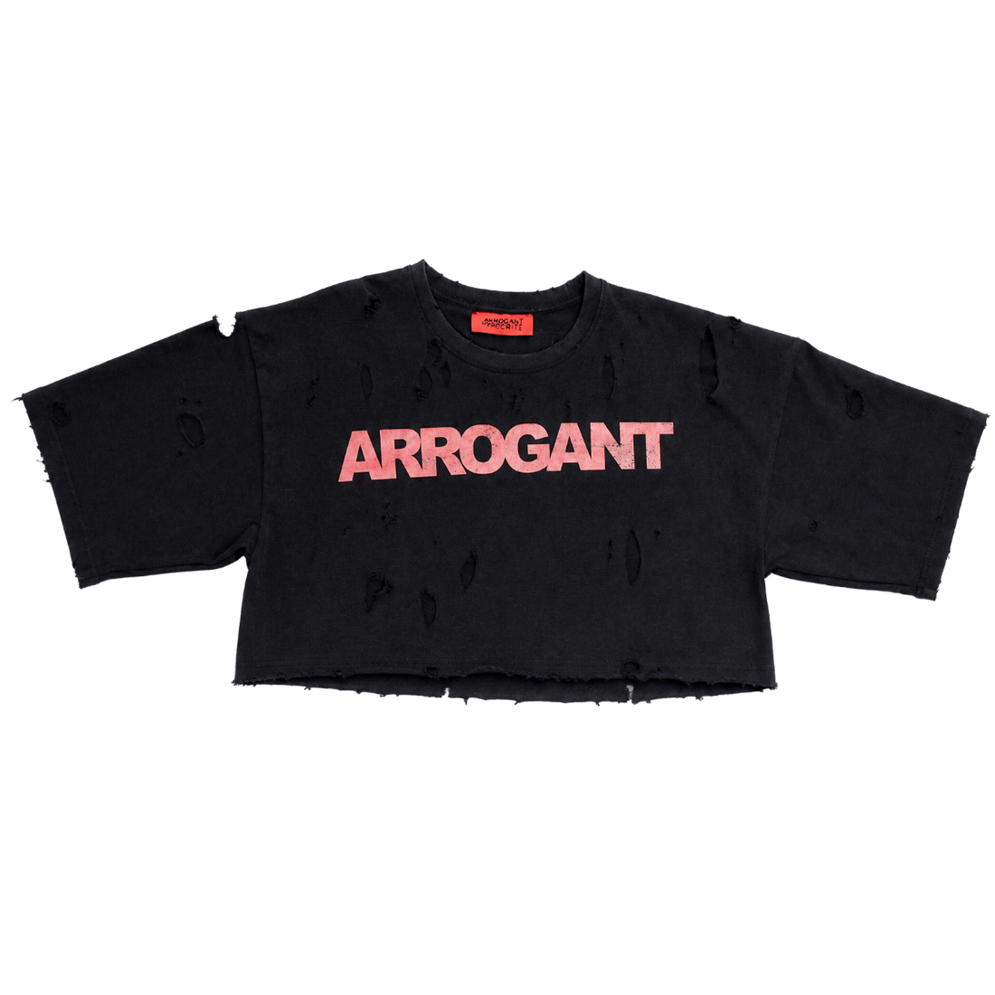 DISTRESSED 'ARROGANT' CROPPED TEE [PRE ORDER]